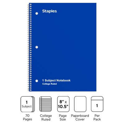 Staples 1-Subject Notebook, 8" x 10.5", College Ruled, 70 Sheets, Blue (TR27500)