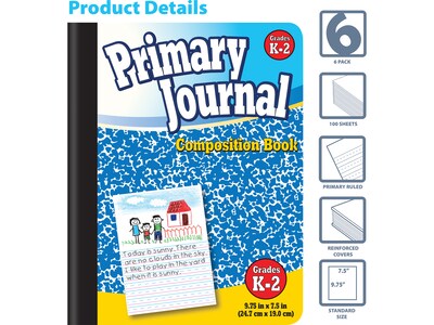 Better Office Primary Journal 1-Subject Composition Notebooks, 7.5" x 9.75", Primary, 100 Sheets, Blue, 6/Pack (25406-6PK)