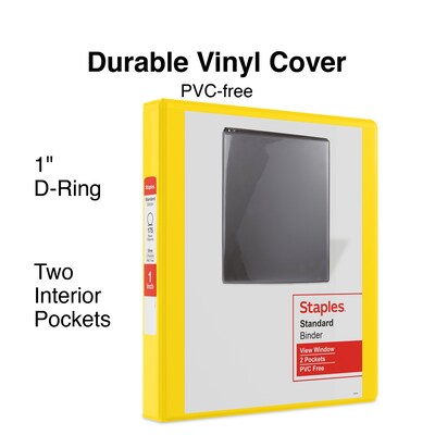 Staples® Standard 1" 3 Ring View Binder with D-Rings, Yellow (58652)