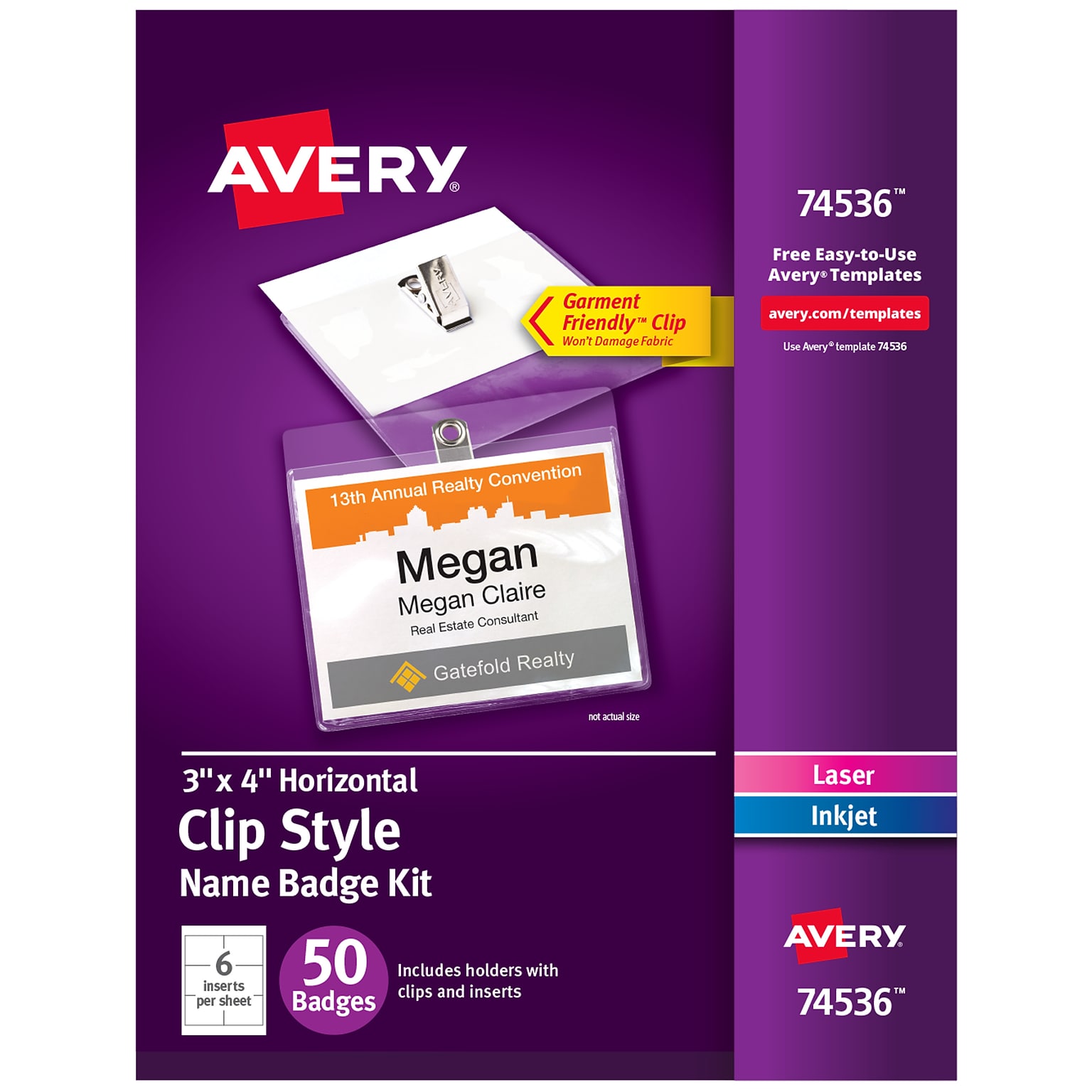 Avery Clip Style Laser/Inkjet Name Badge Kit, 3 x 4, Clear Holders with White Inserts, 50/Box (74536)