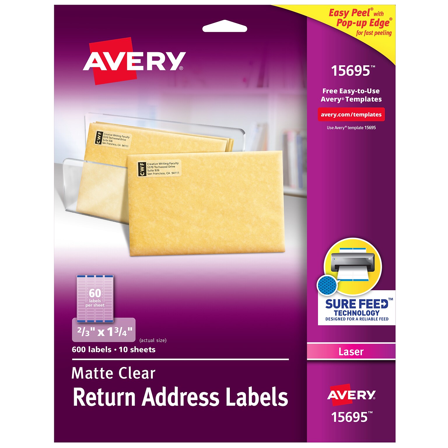Avery Easy Peel Laser Return Address Labels, 2/3 x 1-3/4, Clear, 60 Labels/Sheet, 10 Sheets/Pack (15695)