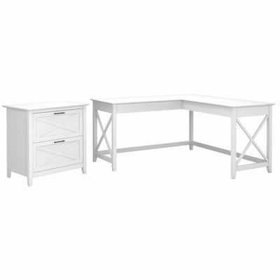 Bush Furniture Key West 60W L Shaped Desk with 2 Drawer Lateral File Cabinet, Pure White Oak (KWS01