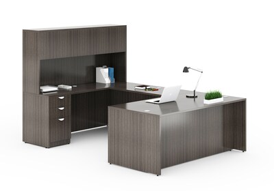 Boss Office Products 66 Executive U-Shape Desk with File Storage Pedestal and 4 door Hutch, Driftwo