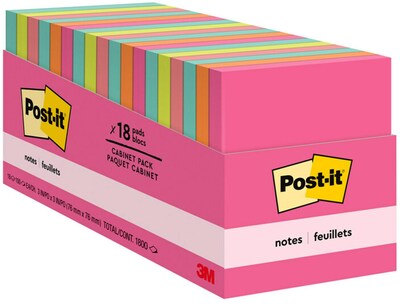 Post-it Sticky Notes, 3 x 3 in., 18 Pads, 100 Sheets/Pad, The Original Post-it Note, Poptimistic Collection