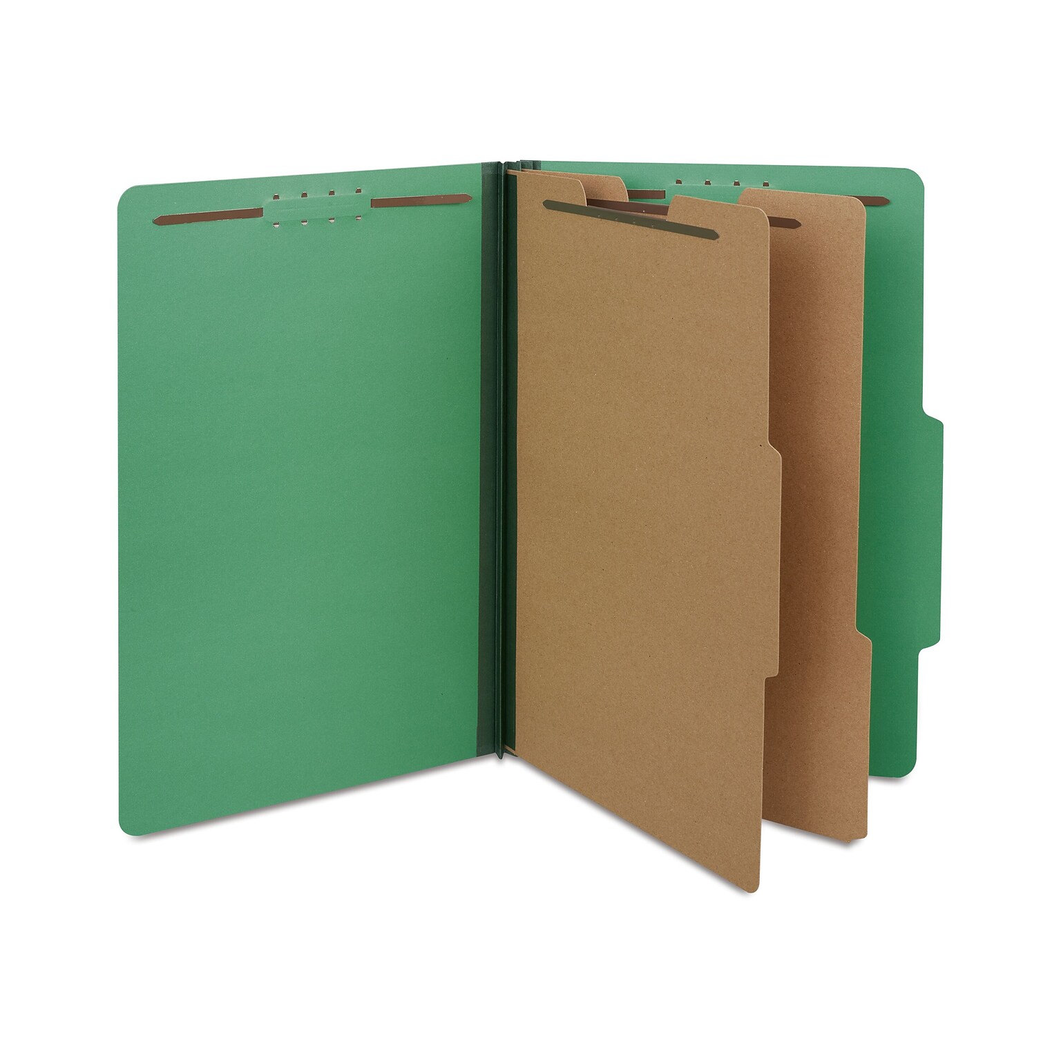 Quill Brand® 2/5-Cut Tab Pressboard Classification File Folders, 2-Partitions, 6-Fasteners, Legal, Green, 15/Box (739034)