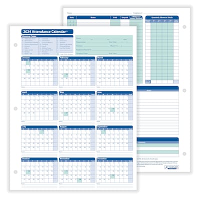 ComplyRight 2024 Attendance Calendar Card, White, Pack of 50 (A4000W50)