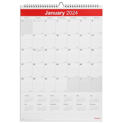 2025 Staples 12 x 17 Wall Calendar, White/Red (ST53913-25)
