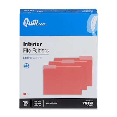 Quill Brand® Interior File Folders, 1/3-Cut, Letter Size, Red, 100/Box (7391RD)