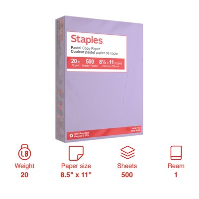 Staples® Pastel Multipurpose Paper, 20 lbs., 8.5" x 11", Lilac, 500/Ream (14782)