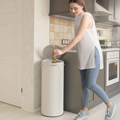 iTouchless Stainless Steel Round Sensor Trash Can with AbsorbX Odor Control System, White, 13 Gal. (MT13RW)