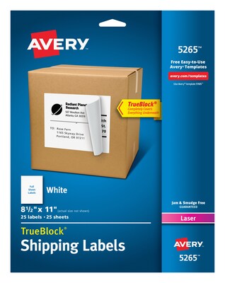 Avery TrueBlock Laser Shipping Labels, 8-1/2 x 11, White, 1 Label/Sheet, 25 Sheets/Pack (5265)