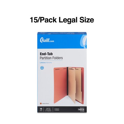 Quill Brand® End-Tab Partition Folders, 2 Partitions, 6 Fasteners, Chestnut Brown, Legal, 15/Box (749036)