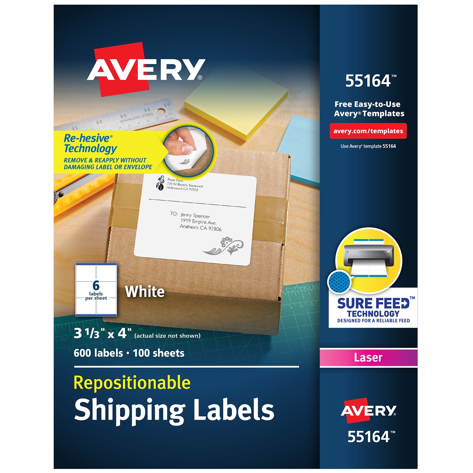Avery Repositionable Laser Shipping Labels, 3-1/3 x 4, White, 6 Labels/Sheet, 100 Sheets/Box (55164)