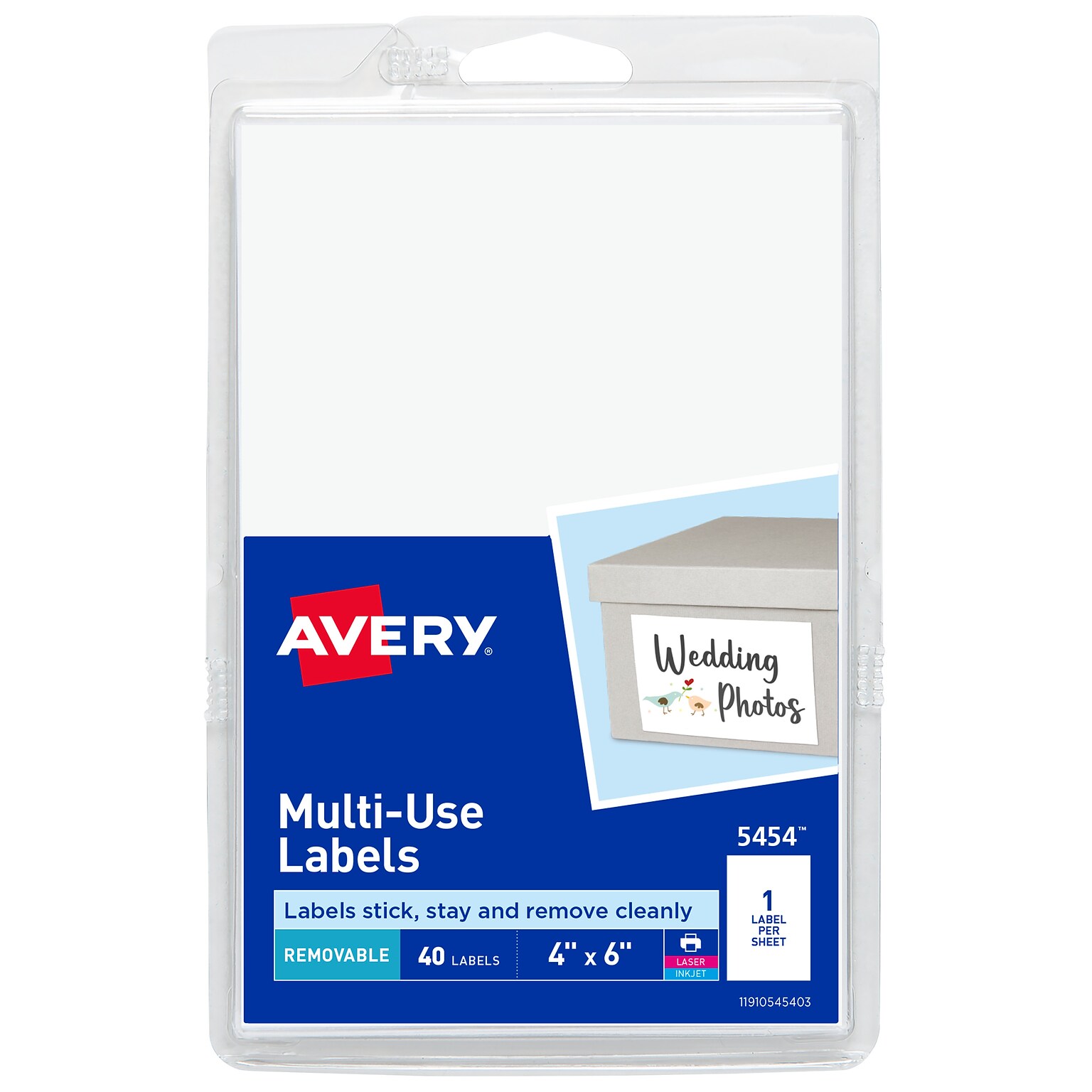Avery White Printable Removable Self-Adhesive MultiUse ID Label, 4(H) x 6(W), 40/Pack (05454)