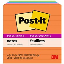 Post-it Super Sticky Notes, 4 x 4, Energy Boost Collection, Lined, 90 Sheet/Pad, 4 Pads/Pack (675-
