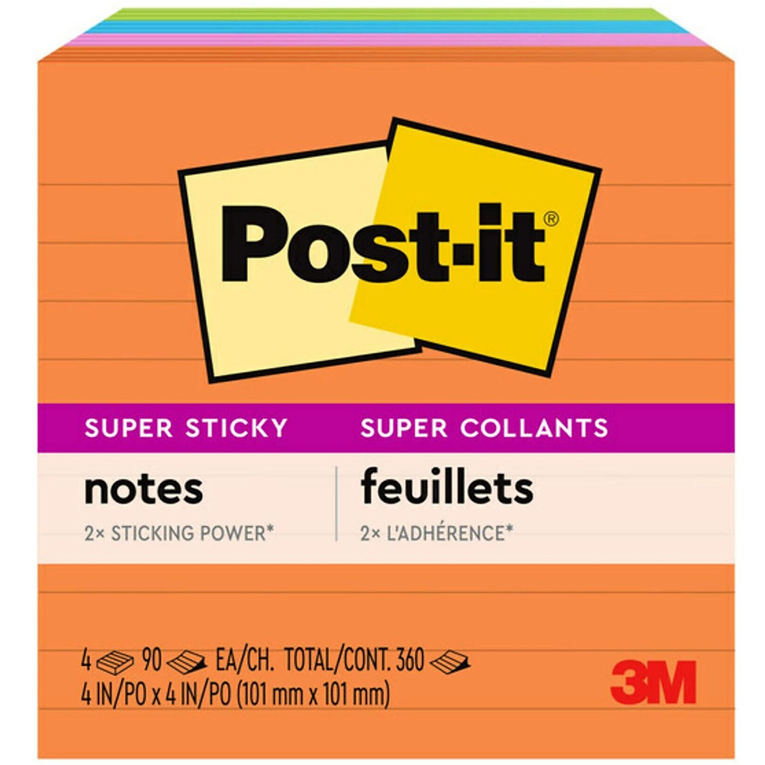 Post-it Super Sticky Notes, 4 x 4, Energy Boost Collection, Lined, 90 Sheet/Pad, 4 Pads/Pack (675-4SSUC)