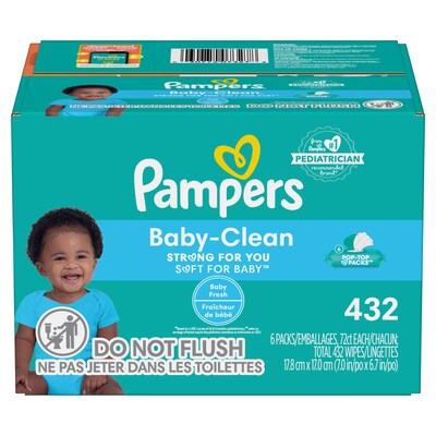 Pampers Baby Clean Wipes, Baby Fresh Scented, 6 Pop-Top Packs, 432 Count (73278/75614)