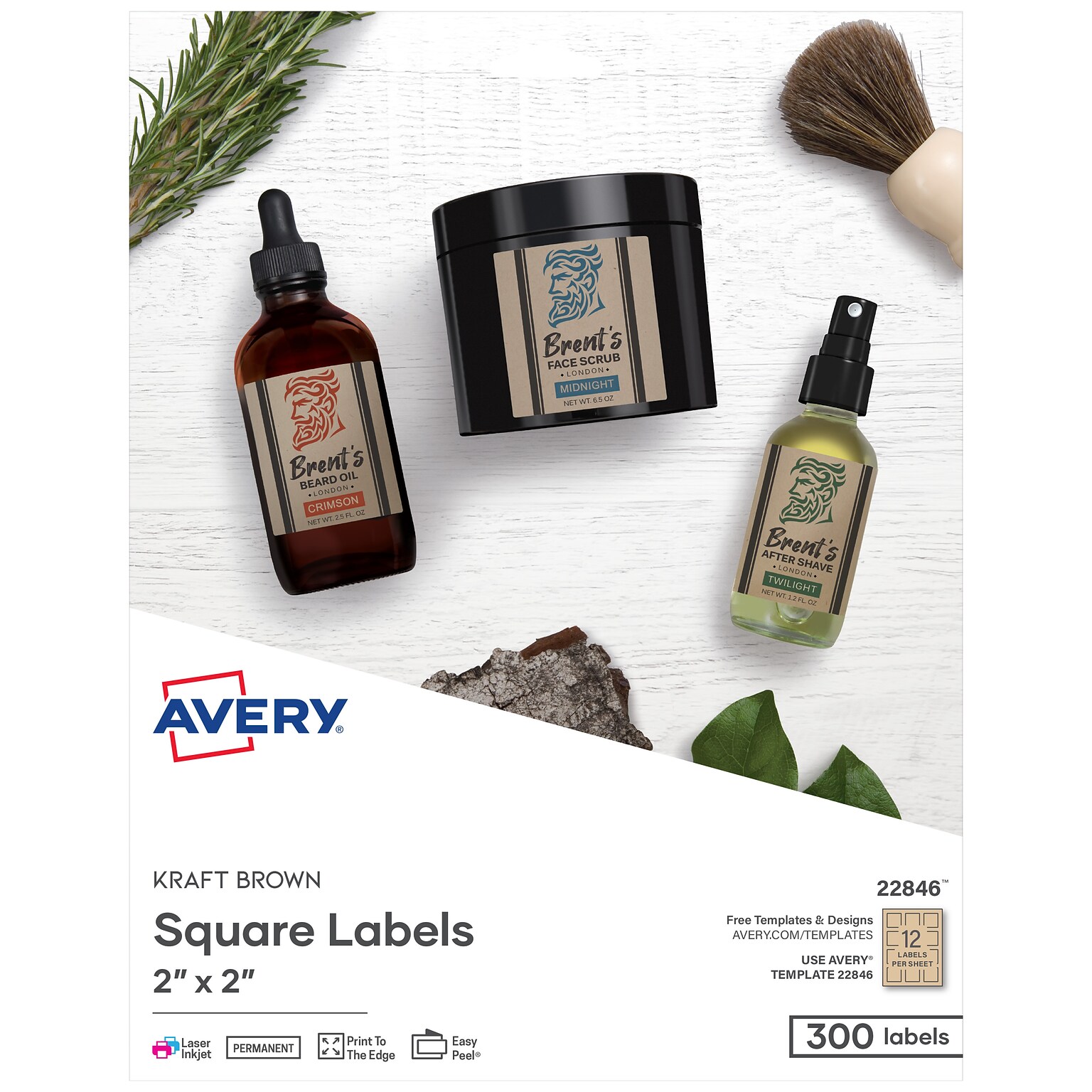 Avery Print-to-the-Edge Laser/Inkjet Labels, 2 x 2, Kraft Brown, 12 Labels/Sheet, 25 Sheets/Pack, 300 Labels/Pack (22846)