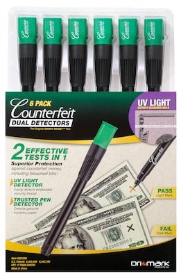 Dri Mark Dual Test Counterfeit Detection Marker Pens with UV LED Cap, 6/Pack (351UV6)