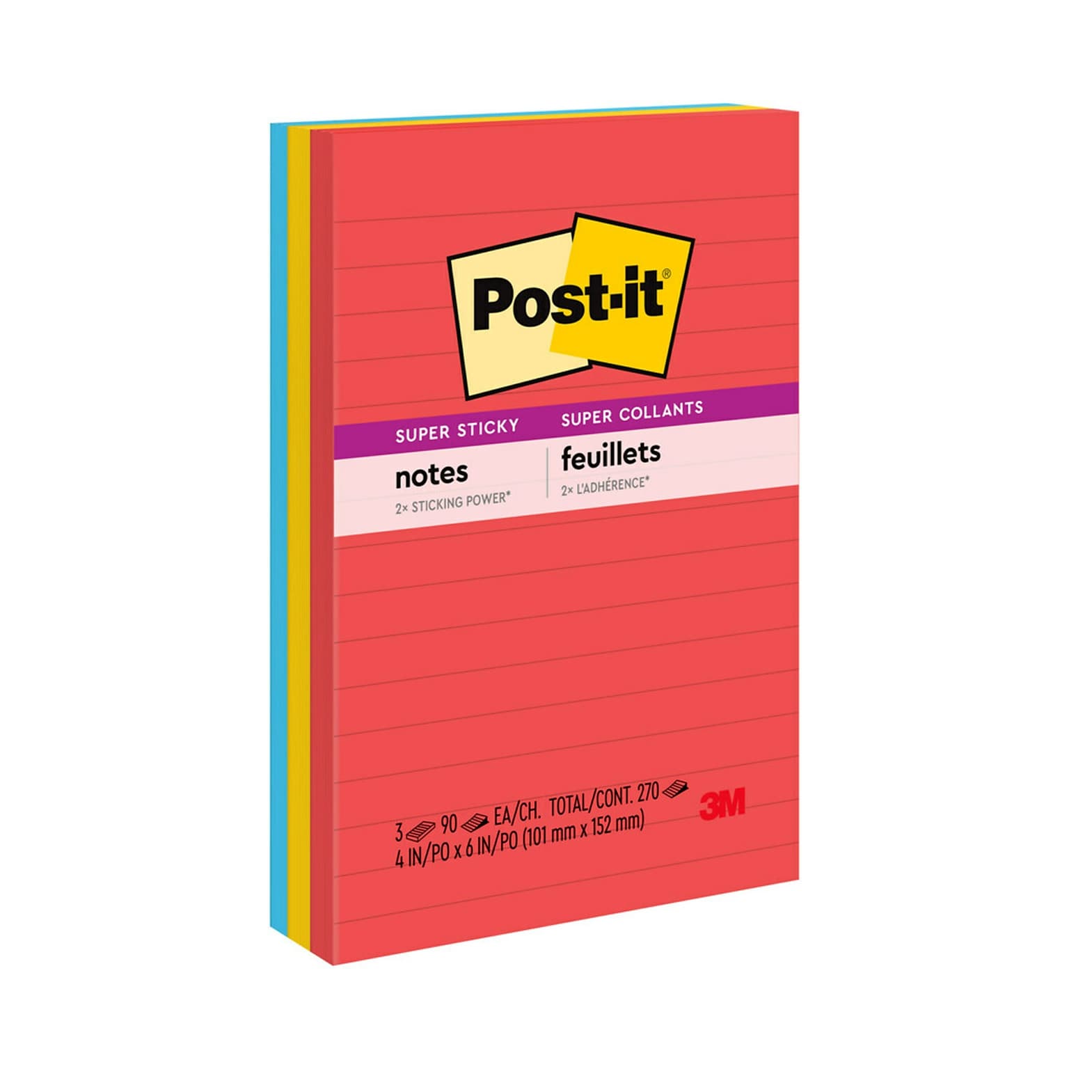 Post-it Super Sticky Notes, 4 x 6, Playful Primaries Collection, Lined, 90 Sheet/Pad, 3 Pads/Pack (6603SSAN)