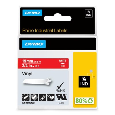 DYMO Rhino Industrial 1805422 Vinyl Label Maker Tape, 3/4" x 18', White on Red (1805422)