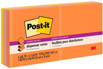 Post-it Super Sticky Pop-up Notes, 3" x 3", Energy Boost Collection, 90 Sheet/Pad, 6 Pads/Pack (R330-6SSUC)