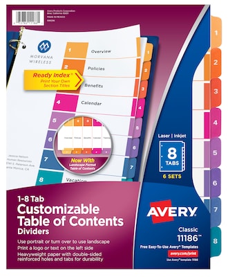 Avery Ready Index Table of Contents Paper Dividers, 1-8 Tabs, Multicolor, 6 Sets/Pack (11186)