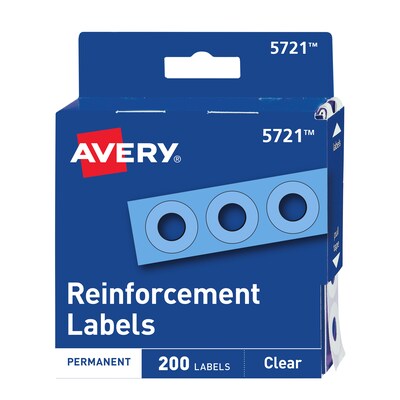 Avery Self-Adhesive Plastic Reinforcement Labels in Dispenser, 1/4 Diameter, Glossy Clear, 200/Pack