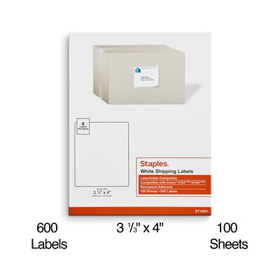 Staples® Laser/Inkjet Shipping Labels, 3 1/3" x 4", White, 6 Labels/Sheet, 100 Sheets/Pack, 600 Labels/Box (ST18061-CC)