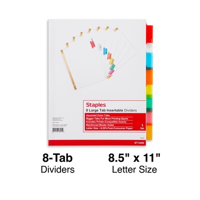 Staples Large Tab Insertable Dividers, 8-Tab, Assorted Colors (13492/11123)