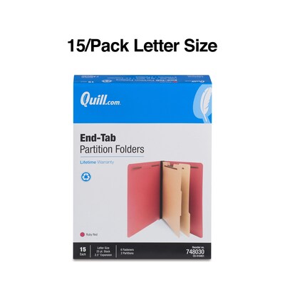 Quill Brand® End-Tab Partition Folders, 2 Partitions, 6 Fasteners, Ruby Red, Letter, 15/Box (748030)