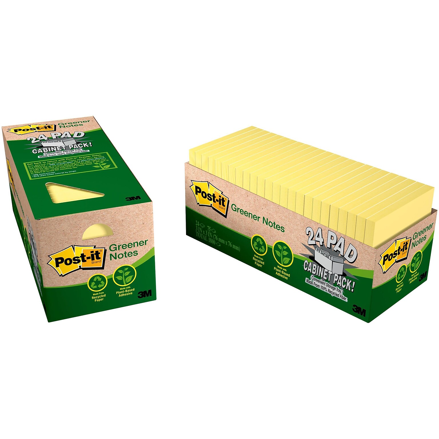 Post-it Recycled Notes, 3 x 3, Canary Collection, 75 Sheet/Pad, 24 Pads/Pack (654R24CPCY)