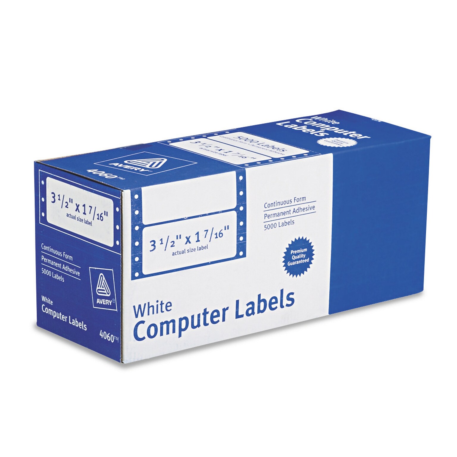 Avery Pin-Fed Continuous Form Computer Labels, 1 7/16 x 3 1/2, White, 1 Label Across, 4 1/4 Carrier, 5,000 Labels/Box (4060)