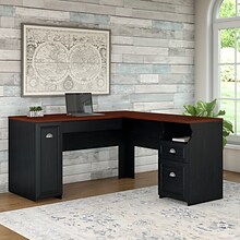 Bush Furniture Fairview 60W L Shaped Desk with Drawers and Storage Cabinet, Antique Black/Hansen Ch