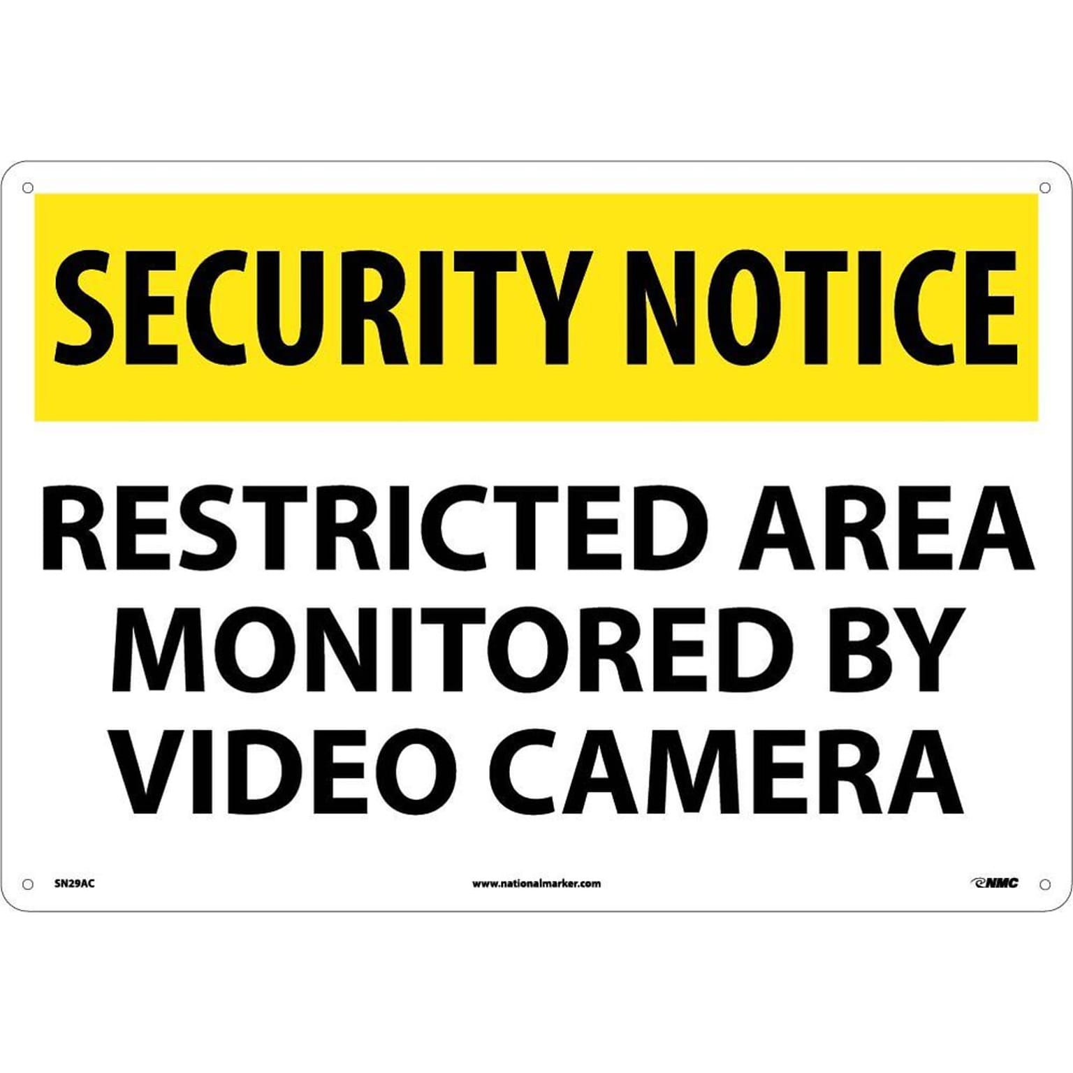 Security Notice Signs; Restricted Area Monitored By Video Camera, 14X20, .040 Aluminum