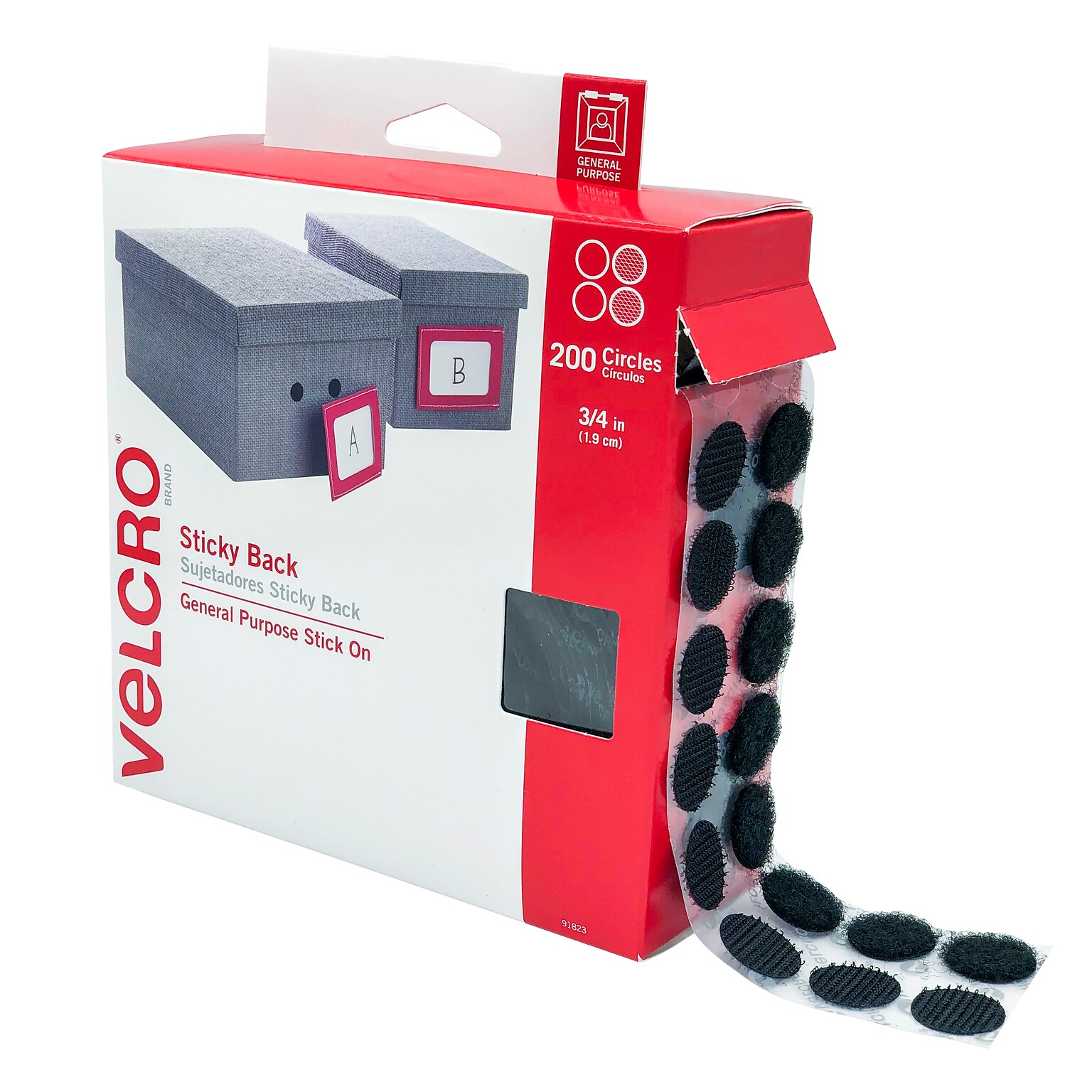 Velcro Dots 3/4 Dia. Sticky Back Hook & Loop Fastener, Black, 200/Pack (91823)