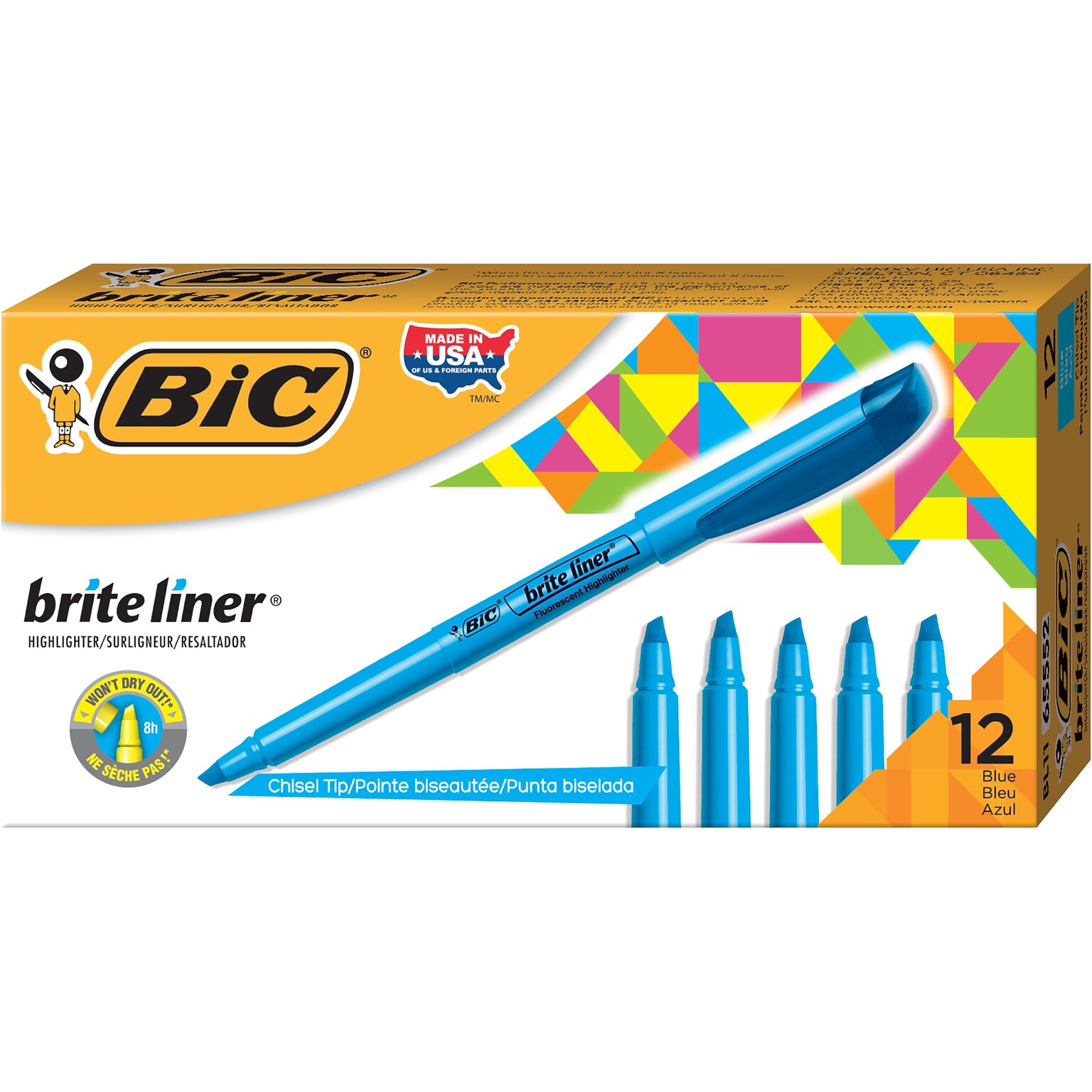 BIC Brite Liner Stick Highlighter, Chisel Tip, Blue, 12/Pack (65552/BL11BE)