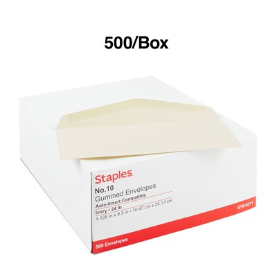 Staples® Premium Diagonal-Seam #10 Gummed Envelopes, 4-1/8" x 9-1/2", Ivory, 500/Box (918211/19420)