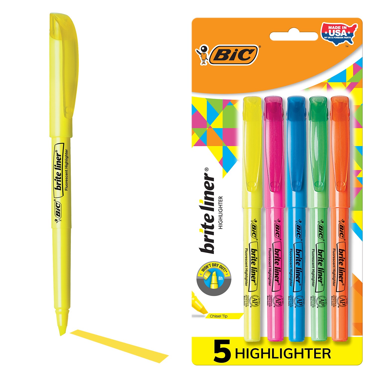 BIC Brite Liner Stick Highlighters, Chisel, Assorted, 5/Pack (BLP51W-AST)