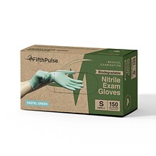 FifthPulse Biodegradable Powder Free Nitrile Exam Gloves, Latex Free, Small, Green, 150 Gloves/Box (