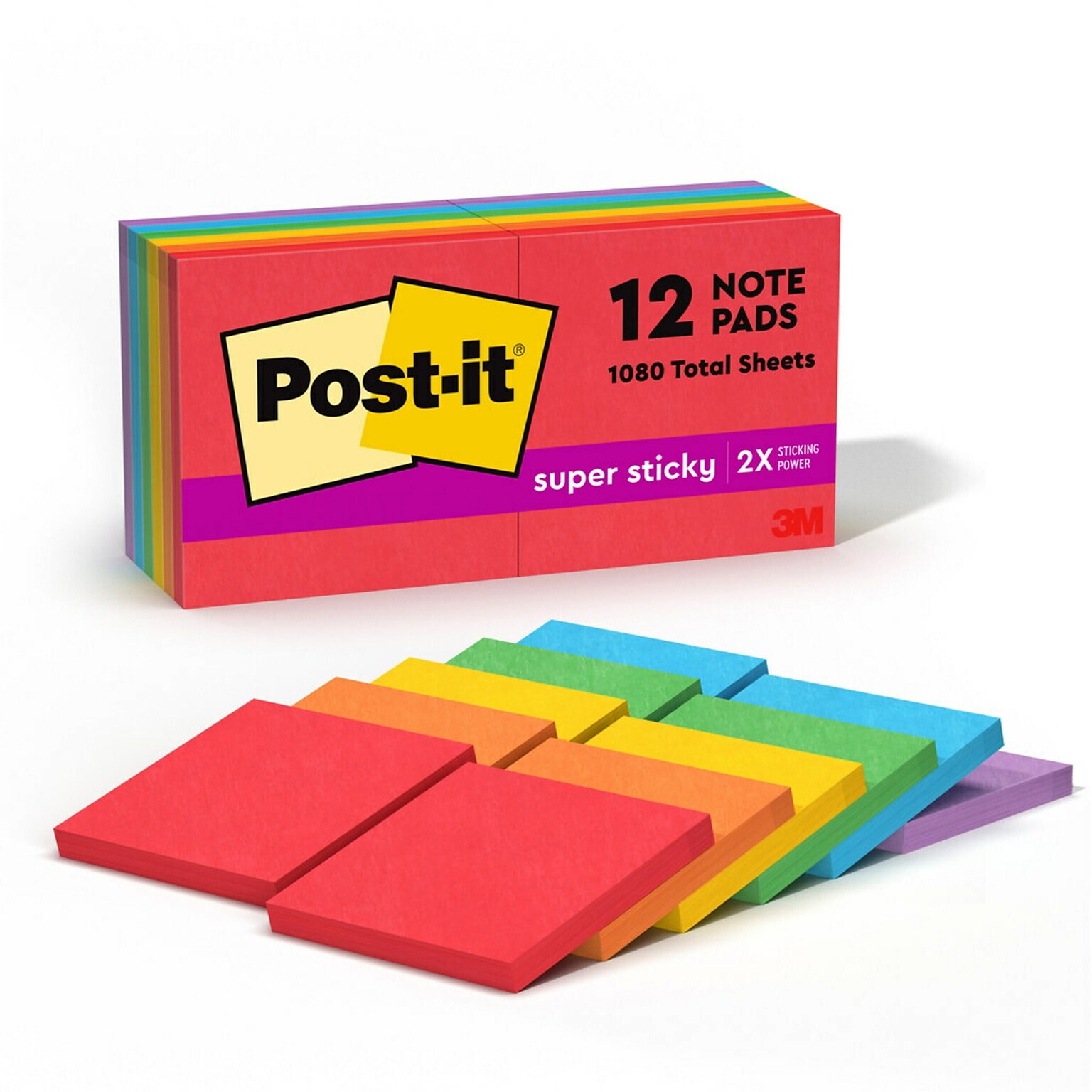Post-it Super Sticky Notes, 3 x 3, Playful Primaries Collection, 90 Sheet/Pad, 12 Pads/Pack (65412SSAN)