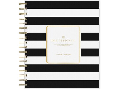 2024-2025 Blue Sky Day Designer Rugby Stripe 8" x 10" Academic Daily Planner, Plastic Cover, White/Black (137885-A25)