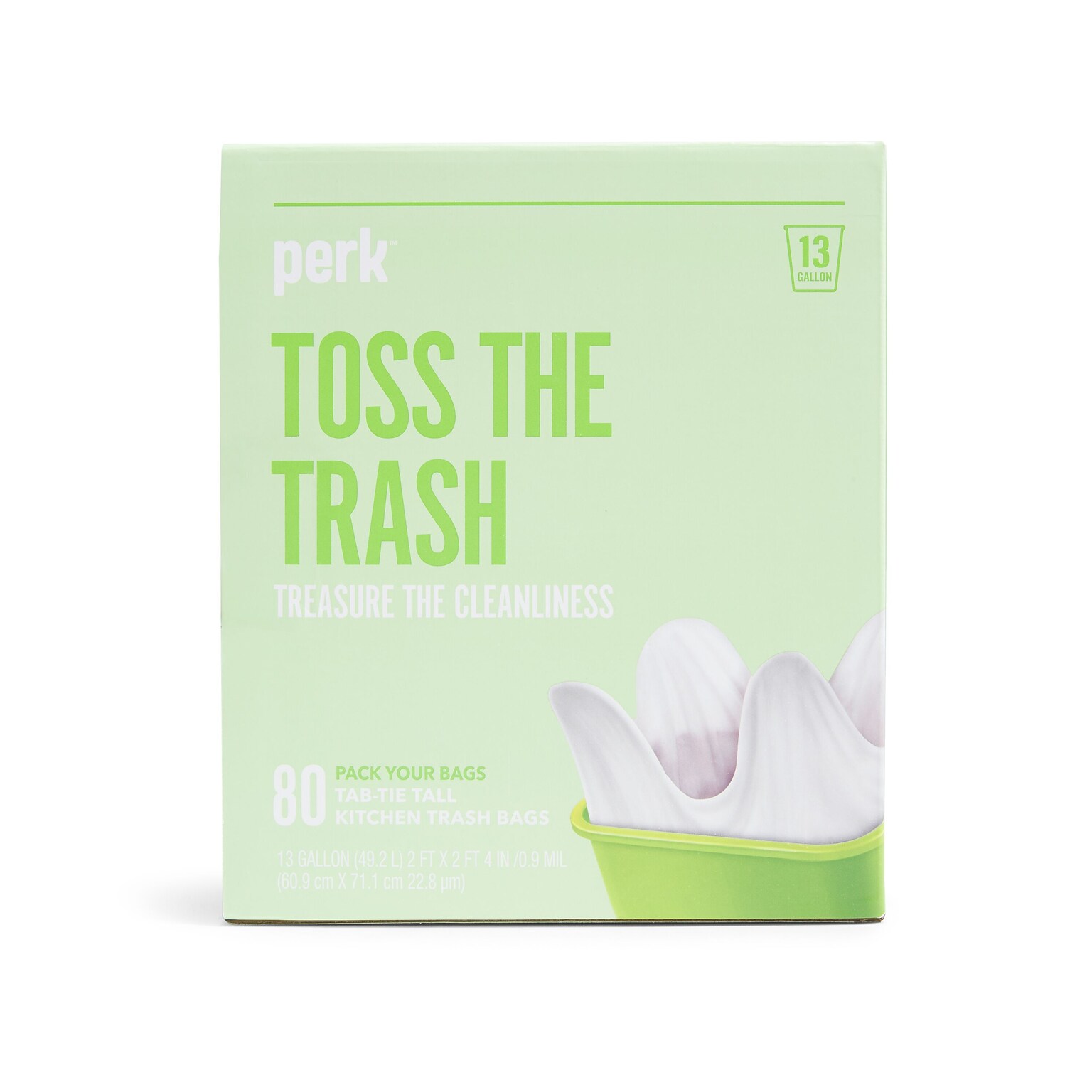Perk™ 13 Gallon Kitchen Trash Bag, 28 x 24, Low Density, 0.9 mil, White, 80 Bags/Box (PK56749)