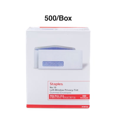 Staples® Gummed Security Tinted #10 Business Envelopes, 4 1/8" x 9 1/2", White Wove, 500/Box (SPL918161)