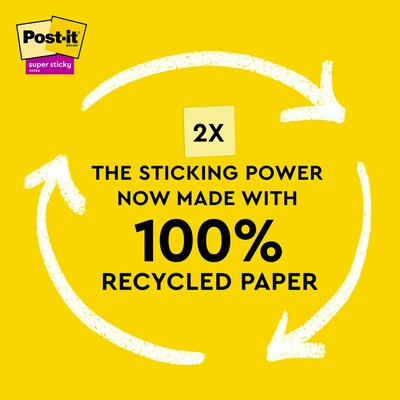 Post-it® 100% Recycled Paper Super Sticky Notes, 3 x 3, Canary Yellow, 70 Sheets/Pad, 24 Pads/Pack