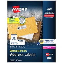 Avery Waterproof Laser Address Labels, 1 x 2-5/8, Matte White, 30 Labels/Sheet, 50 Sheets/Box (552