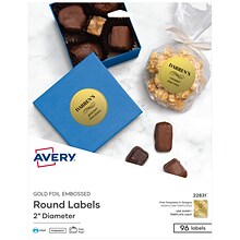 Avery Easy Peel Inkjet Embossed Foil Round Labels, 2 Diameter, Gold, 12 Labels/Sheet, 8 Sheets/Pack