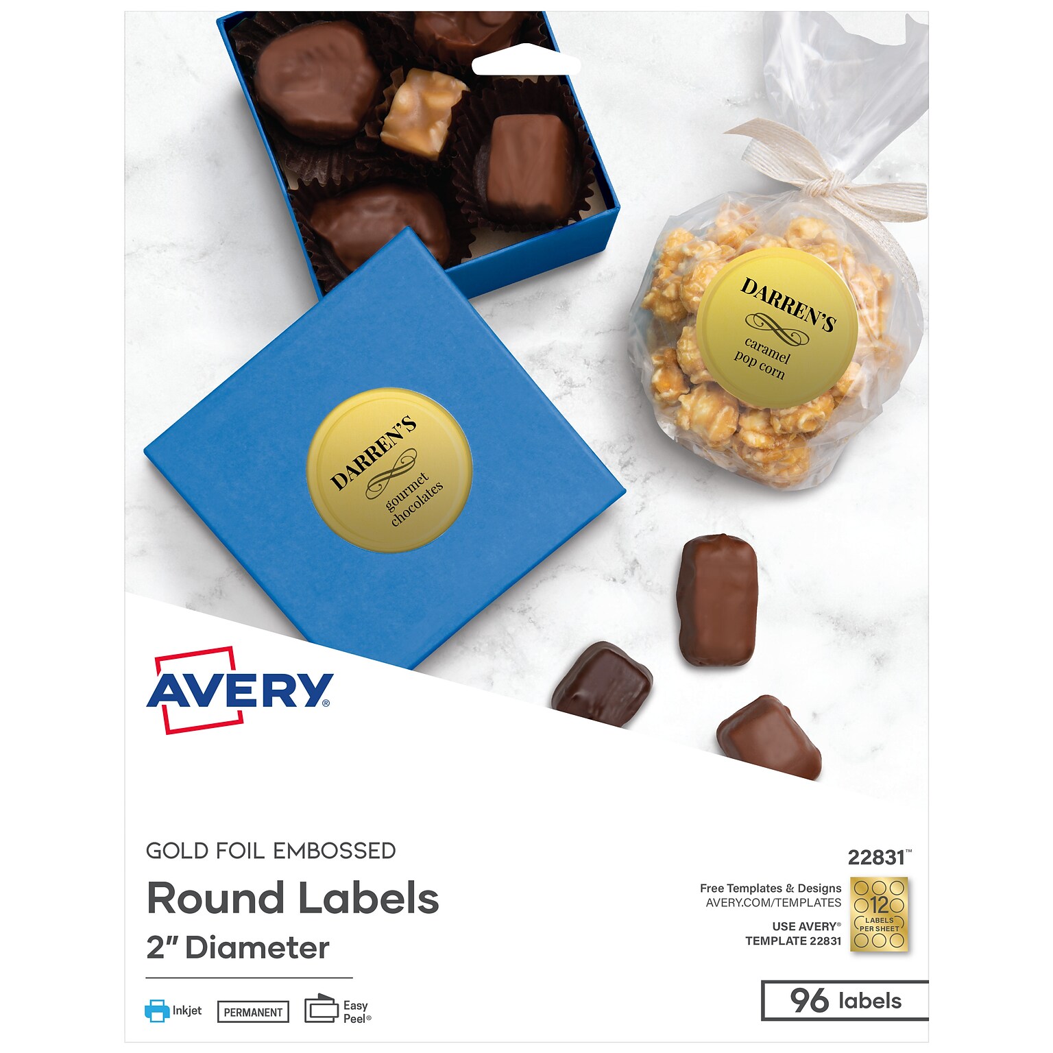 Avery Easy Peel Inkjet Embossed Foil Round Labels, 2 Diameter, Gold, 12 Labels/Sheet, 8 Sheets/Pack, 96 Labels/Pack (22831)
