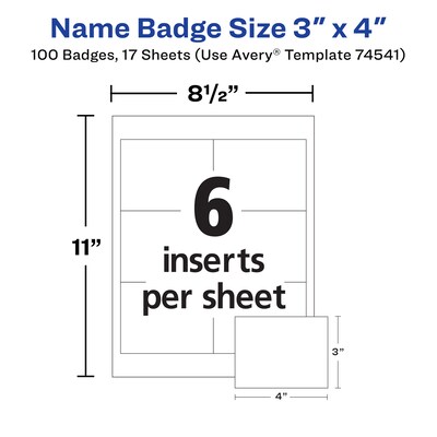 Avery Clip Style Laser/Inkjet Name Badge Kit, 3" x 4", Clear Holders with White Inserts, 100/Box (74541)