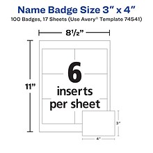 Avery Clip Style Laser/Inkjet Name Badge Kit, 3 x 4, Clear Holders with White Inserts, 100/Box (74